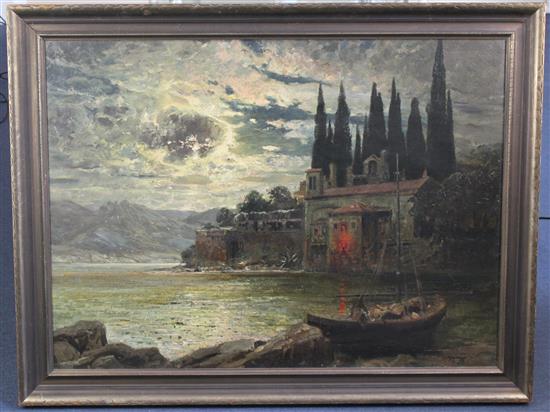 § Alois Arnegger (1879-1967) Italian lakeside palazzo under moonlight, 29 x 39.5in.